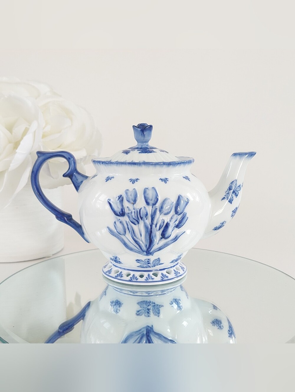 Vintage Delft Blue Deco Teapot Hand Painted Raised Tulips Relief White Ceramic